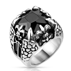 Man ring steel black stone onyx fleur de lys claw gothic dragon
