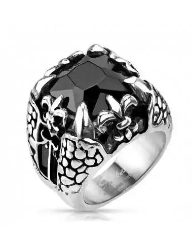 Anello da uomo in acciaio pietra nera onice fleur de lys artiglio di drago gotico
