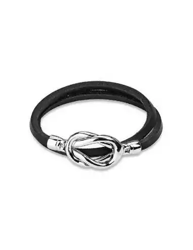 Bracelet femme double lien en cuir noir fermoir 2 noeuds acier 19cm