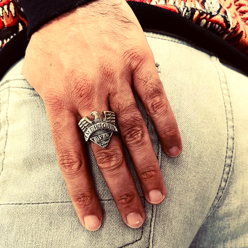 Mann Ring Mann Solide Stahl & Goldene Platte American Biker Neuve