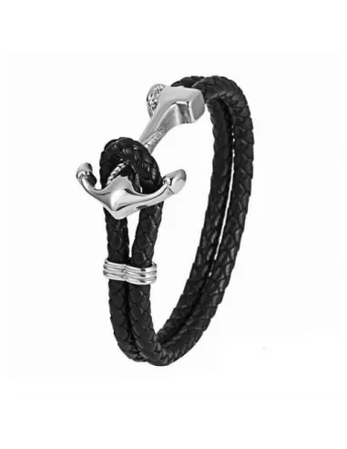 Bracelet homme cuir cordons noir fermoir manille marin acier - BijouxStore  - webid:2120