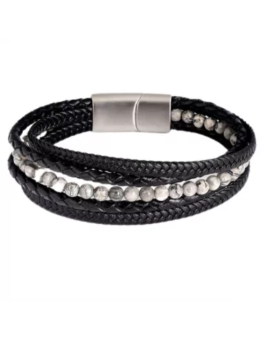 Men's multi-row gray natural stone leather bracelet and steel clasp