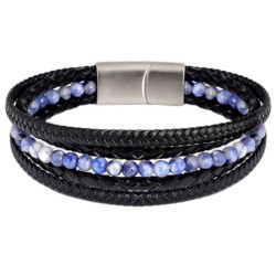 Mehrreihiges Herrenarmband aus Leder mit blauen Naturperlen und Stahlschließe