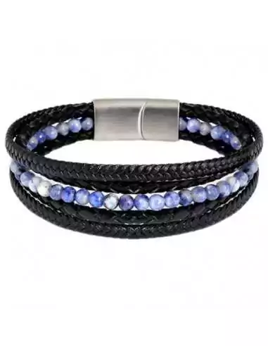 Men's multi-row leather bracelet with blue natural pearls and steel clasp