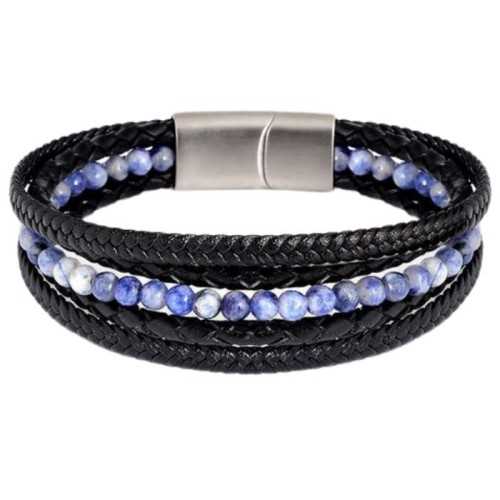 Pulsera de hombre de varias hileras de cuero con perlas naturales azules y cierre de acero