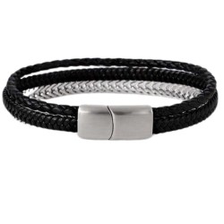 Mehrreihiges Herrenarmband aus Leder und doppeltem W-Mesh mit Stahlschließe