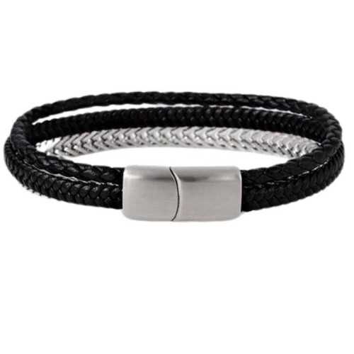 Mehrreihiges Herrenarmband aus Leder und doppeltem W-Mesh mit Stahlschließe