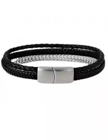 Men's multi-row leather and double W mesh bracelet with steel clasp