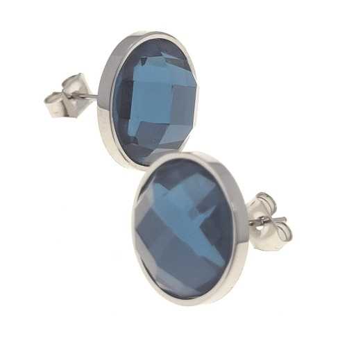 Men's steel earrings big faceted round blue zircon 11mm