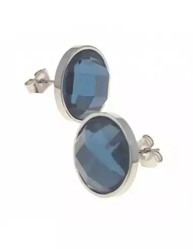 Men's steel earrings big faceted round blue zircon 11mm