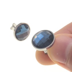 Men's steel earrings big faceted round blue zircon 11mm