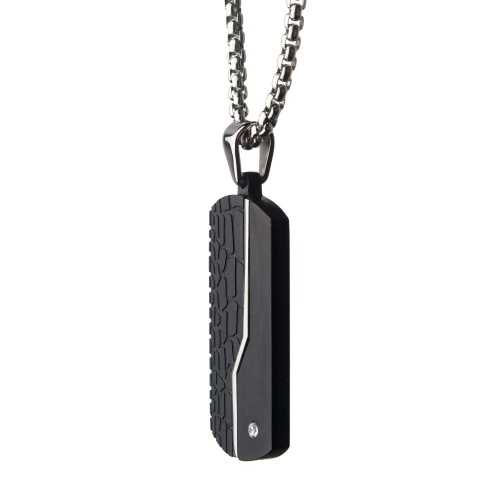 Men's rectangular military plate pendant in black steel with cracked surface in profile