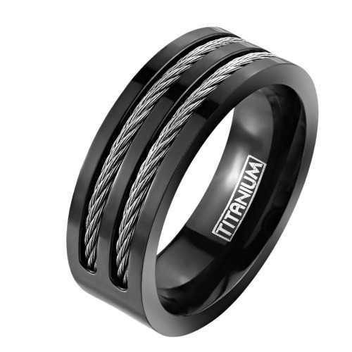 Men's all-black titanium ring with steel cable notches