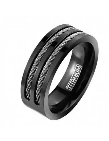 Men's all-black titanium ring with steel cable notches