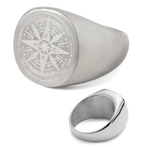 Bague chevalière homme acier étoilé boussole aventurier look moderne boyscout