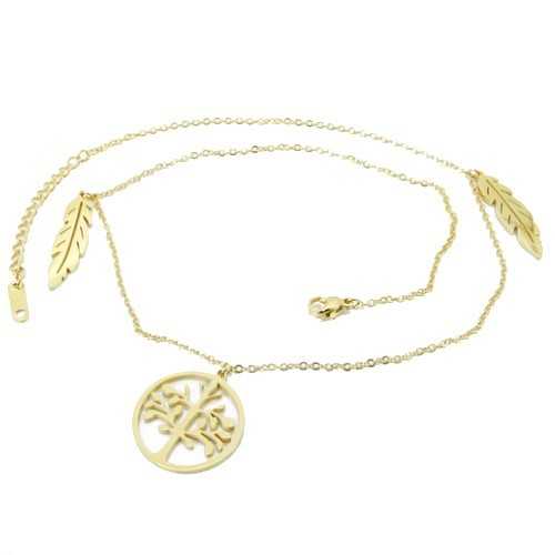 Women's fine chain adornment adorned with feathers, gold steel tree of life pendant
