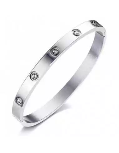 Bangle cuff bracelet for women in silver-coloured steel set with zircons