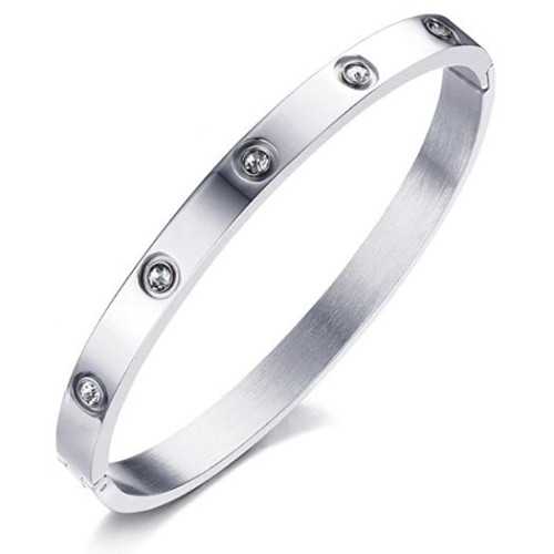 Bracciale bangle da donna in acciaio color argento con zirconi incastonati