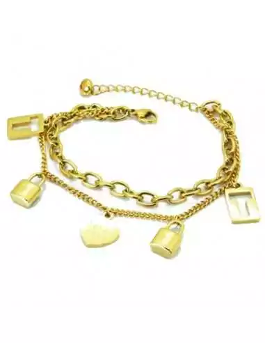 Bracciale da donna in acciaio dorato con oro zecchino, doppia catena, attacco lucchetto a cuore
