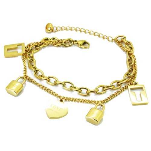 Bracelet femme acier doré à l'or fin double chaine attache cadenas coeur