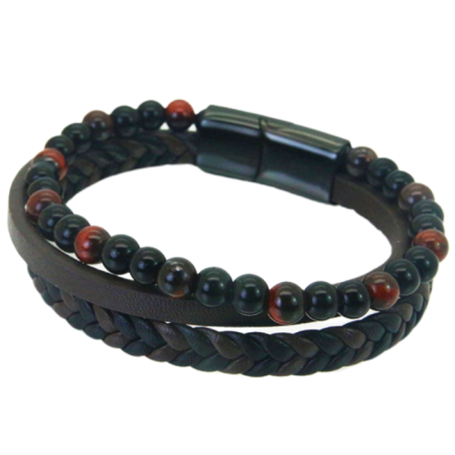 Men's tri-row bracelet in brown leather and natural tiger eye stone