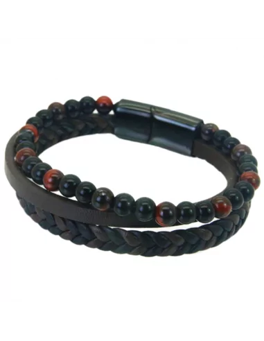 Men's tri-row bracelet in brown leather and natural tiger eye stone