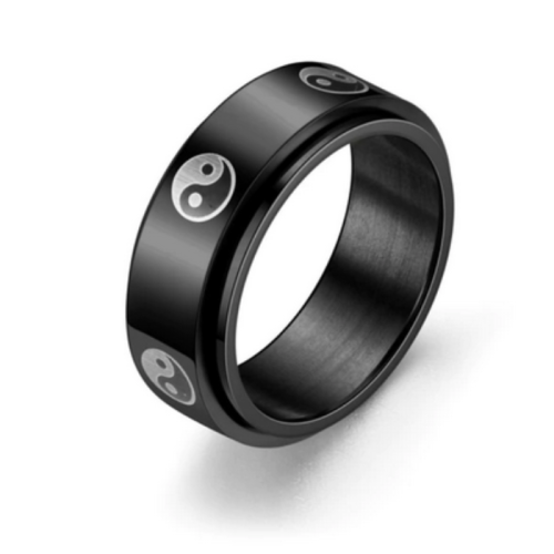 Anillo de hombre anillo en acero color negro giratorio antiestrés ying yang