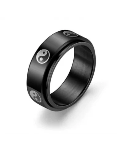 Bague anneau homme en acier couleur noire rotative anti-stress ying yang