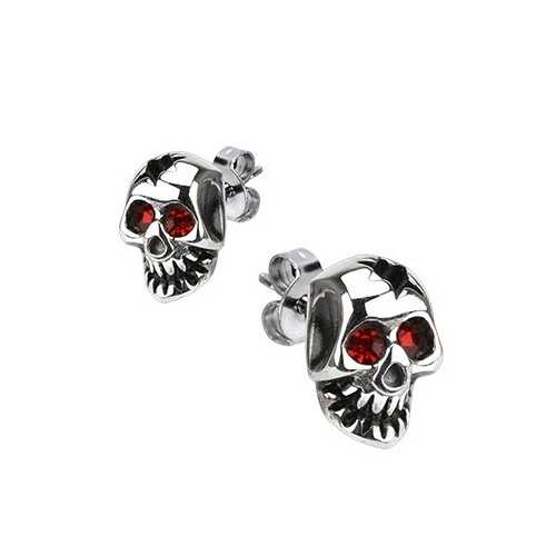 Paire de boucles d'oreilles homme tête de mort biker yeux rouge