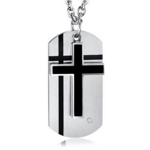 Men's pendant in steel military plate and Latin black cross zircon