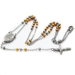 Collar mujer cruz bola rosario y medallón Virgen María acero chapado oro