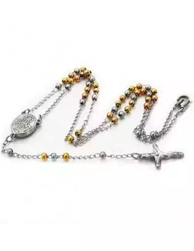 Damen-Halskette mit Rosenkranz, Kugelkreuz und Medaillon der Heiligen Jungfrau Maria aus vergoldetem Stahl