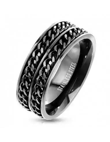 Men's all-black steel ring duo of anti-stress chains