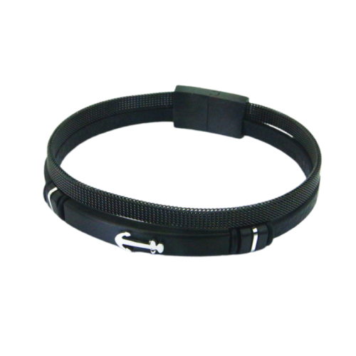 Herrenarmbandreihen aus Leder und schwarzem Stahlgeflecht mit Meeresankerplatte