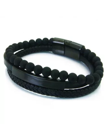 Men's multi-row black pearl leather bracelet with black steel plate