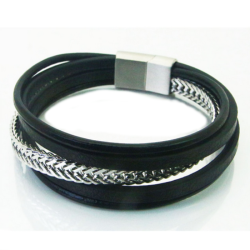 Mehrreihiges Herrenarmband aus Leder und doppeltem W-Mesh mit Stahlschließe