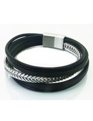 Men's multi-row leather and double W mesh bracelet with steel clasp