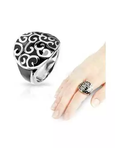 CHIC RING RING FOR WOMEN TEEN BLACK ONYX AGATE STEEL WITH SPIRALS NEW 1005