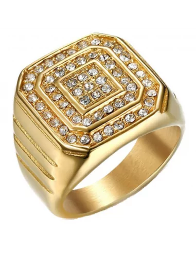 Men's signet ring in fine gold steel paved with zirconium crystal stones