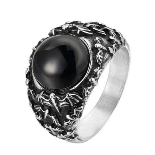 Men's signet ring steel bat covid gothic black stone