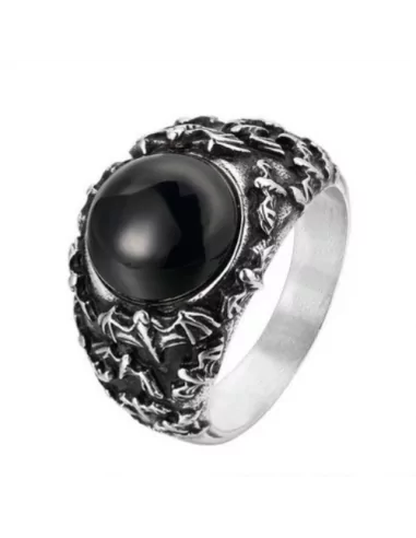 Men's signet ring steel bat covid gothic black stone