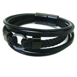 Geflochtenes Herrenarmband aus schwarzem Leder mit fünfreihigem Ring und Stahlschließe, 21 cm