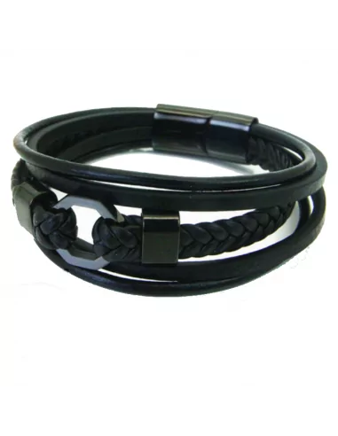 Men's braided black leather bracelet with five row ring and steel clasp 21cm