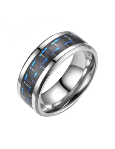 Bague anneau homme acier bande centrale fibre de carbone bleue et noir