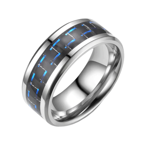 Ring ring man steel central band blue and black carbon fiber