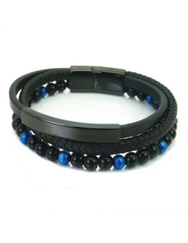 Men's multi-row leather bracelet with blue pearl and black steel plate
