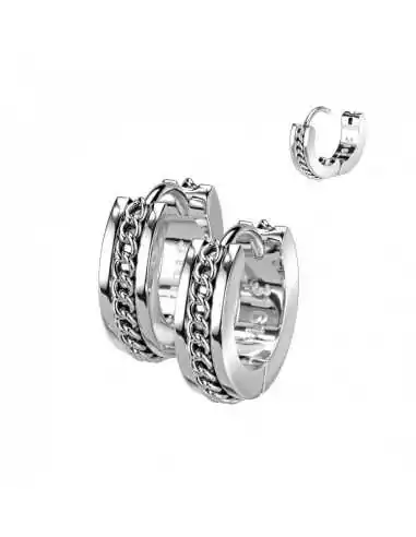 Men's steel hoop earrings chained central chain with clips