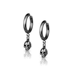 Fine boucles d'oreilles femme homme acier noire créole pendentif tête de mort
