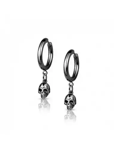 Thin earrings woman man black steel creole pendant skull