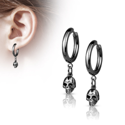 Thin earrings woman man black steel creole pendant skull